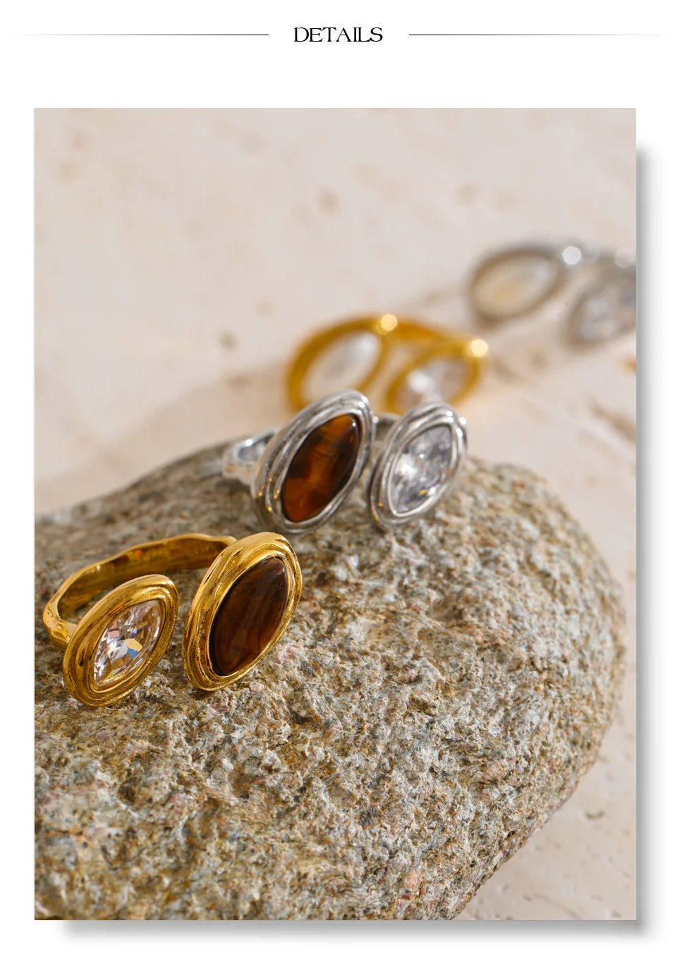 Cubic zirconia geometric ring in 18K gold-plated stainless steel with cubic zirconia.