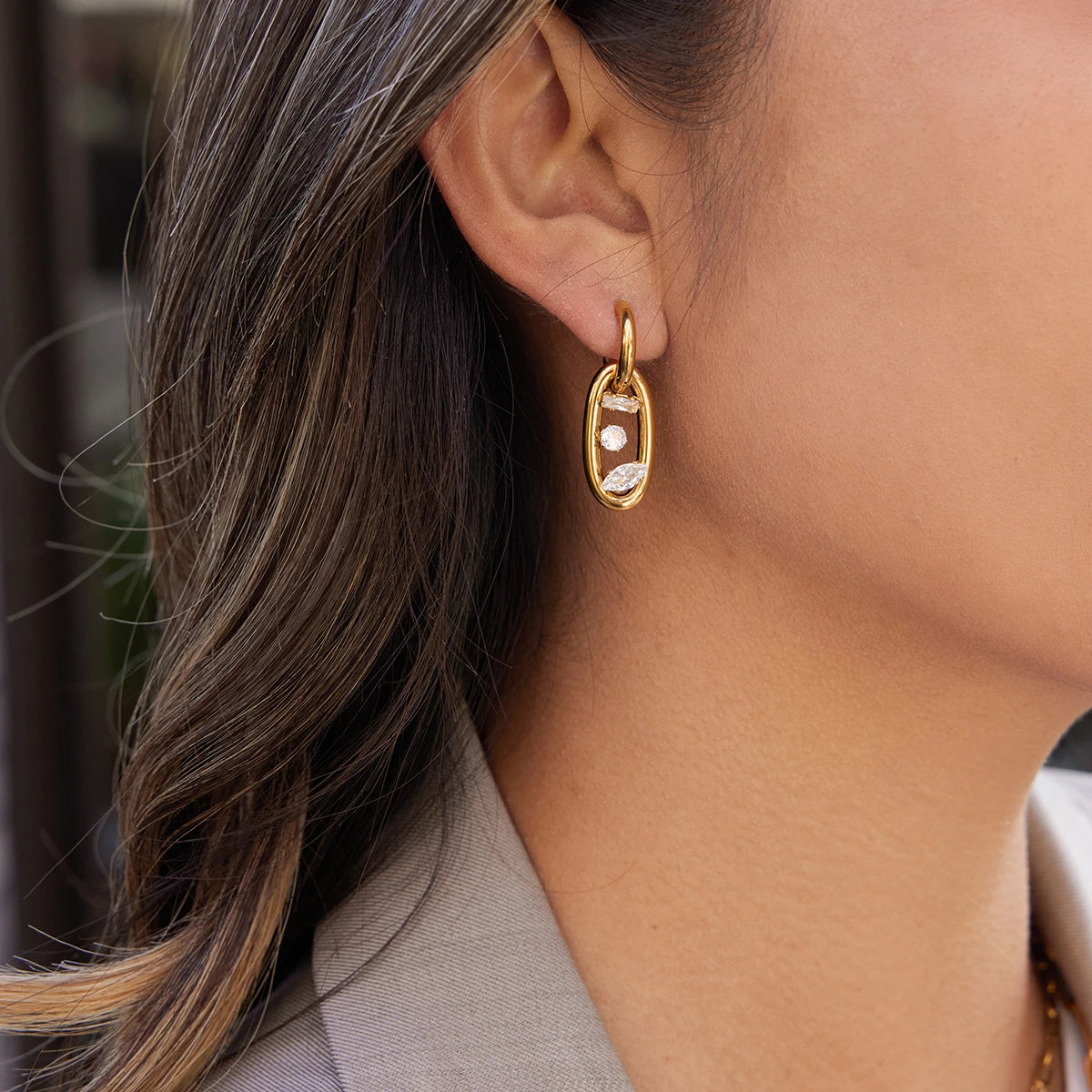 CZ Link Hoop Earrings — Stainless Steel · PS050