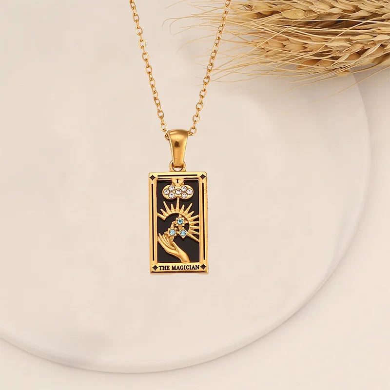 Zirconia Tarot Card Necklace Classic Tarot Queen Lover Magician Moon Wealth Amulet Stainless Steel Jewelry