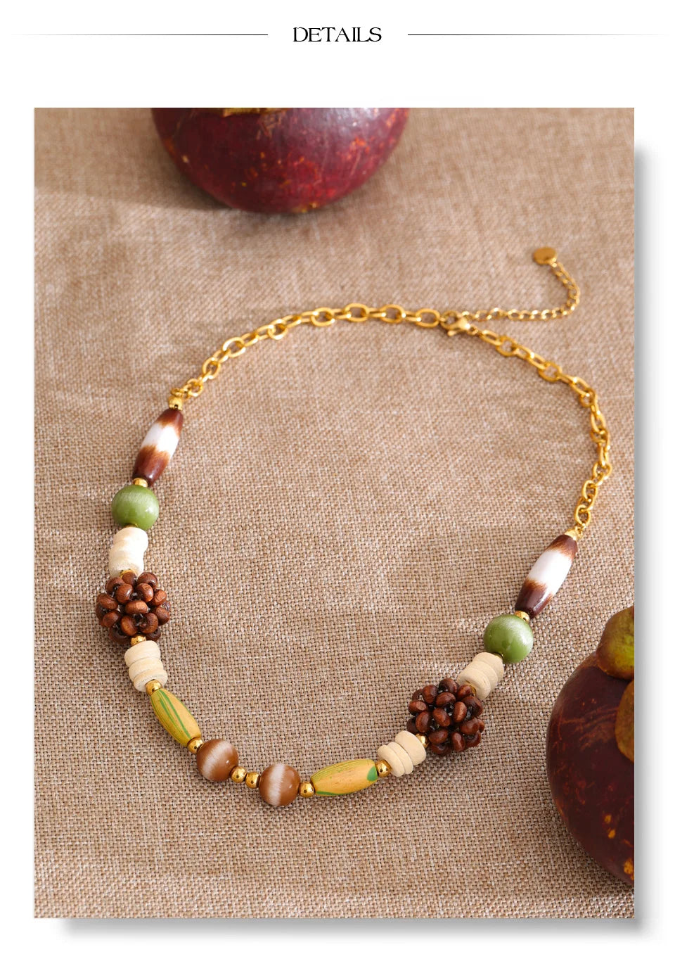 Beaded geometric chain necklace in gold-plated stainless steel.