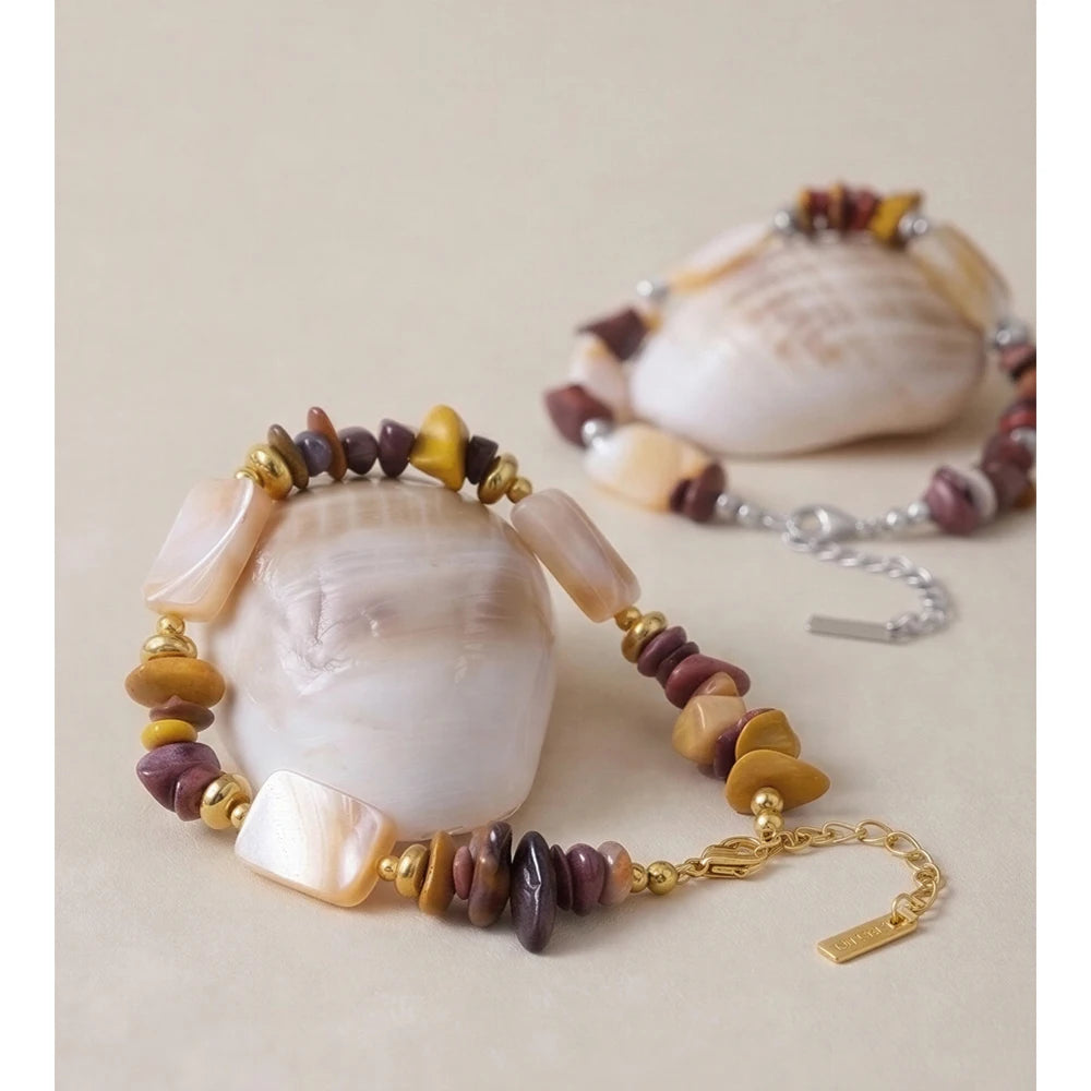 Shell Natural Stone Geometric Bracelet — Gold-Plated Stainless Steel with Natural Stone and Shell · PS1168