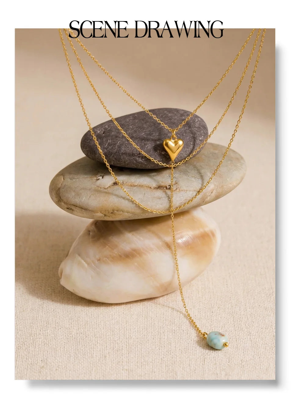 Natural stone heart chain necklace in gold-plated stainless steel with natural stone.