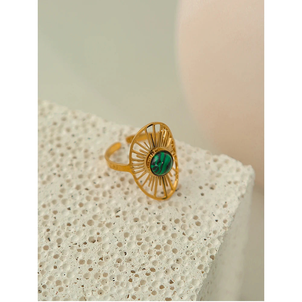 Sun Natural Stone Hollow Ring — 316L Stainless Steel · PS443