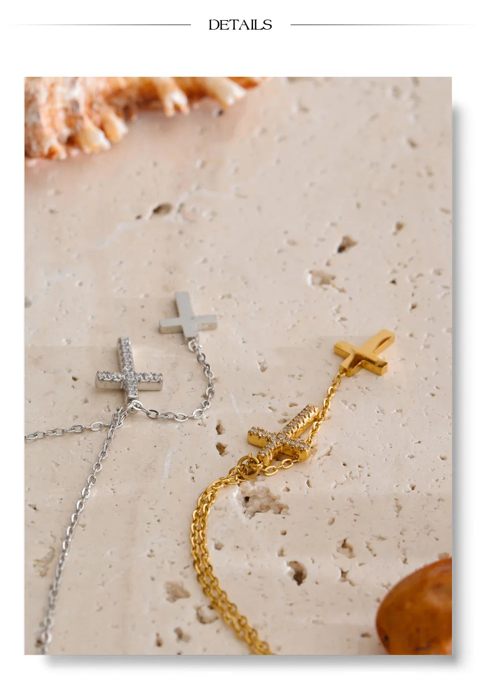 Cubic zirconia cross chain necklace in gold-plated stainless steel with cubic zirconia.