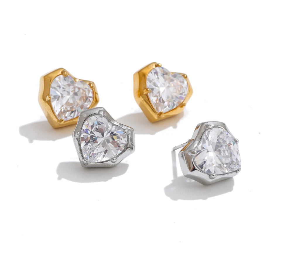 Cubic Zirconia Heart Earrings — Gold-Plated Stainless Steel with Cubic Zirconia · PS1479