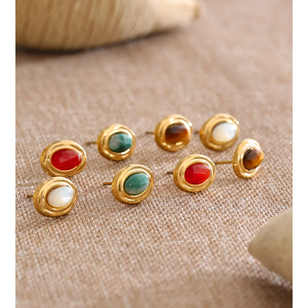 Natural Stone Geometric Earrings — Gold-Plated Stainless Steel with Natural Stone · PS1654