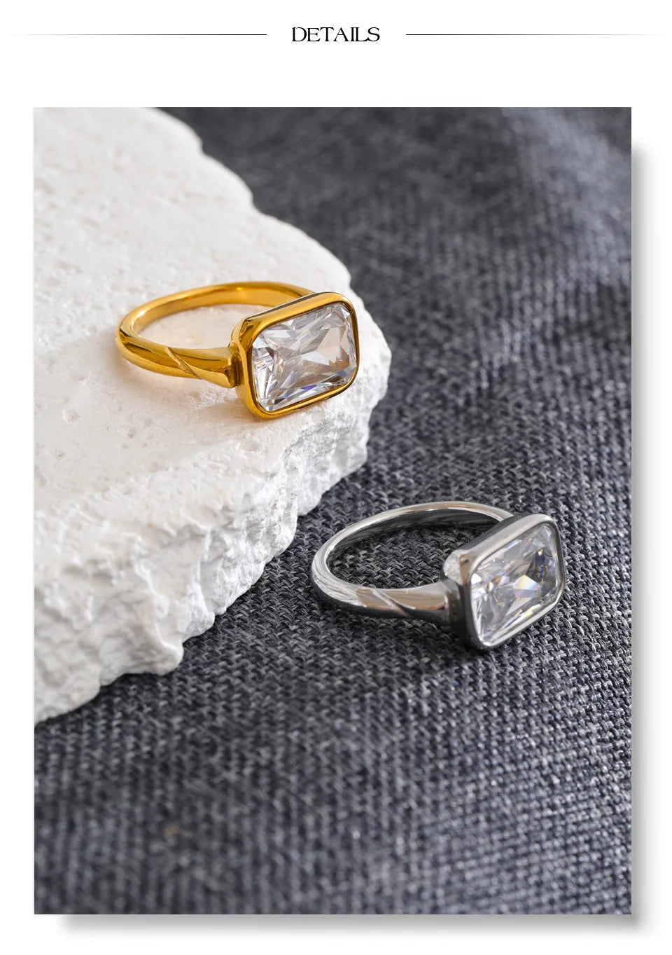 Cubic zirconia geometric ring in 18K gold-plated stainless steel with cubic zirconia.