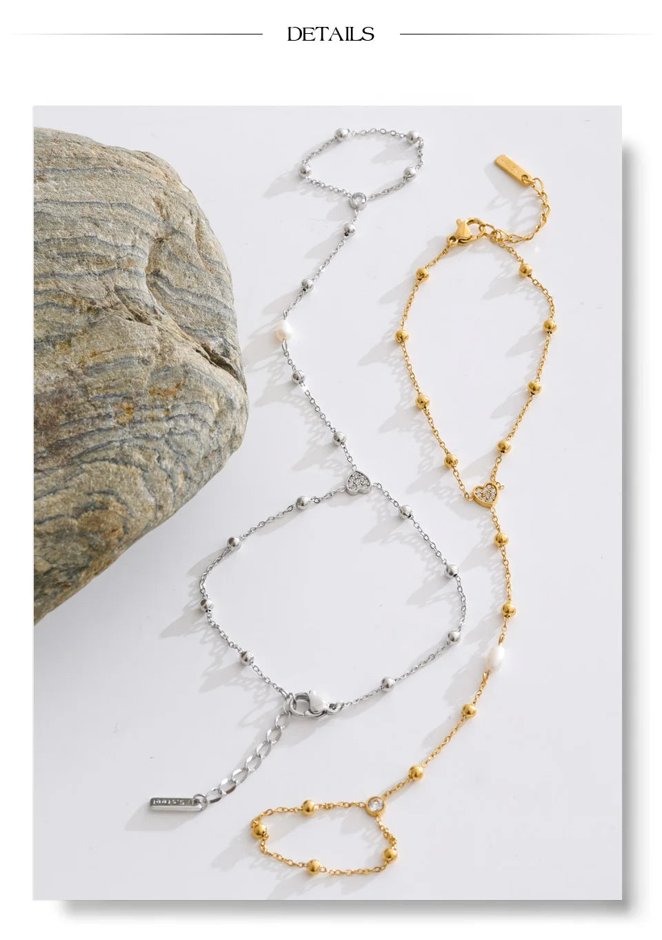 Cubic Zirconia Pearl Geometric Bracelet — Gold-Plated Stainless Steel with Pearl and Cubic Zirconia · PS1330