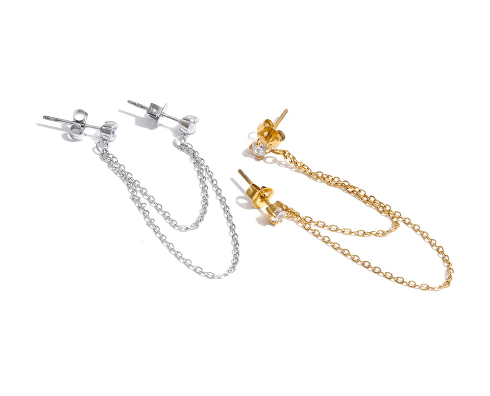 Cubic zirconia geometric chain earrings in gold-plated stainless steel with cubic zirconia.