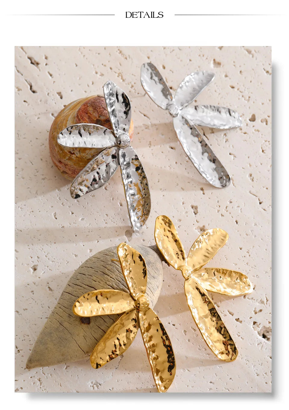Flower Hammered Earrings — Gold-Plated Stainless Steel · PS1263