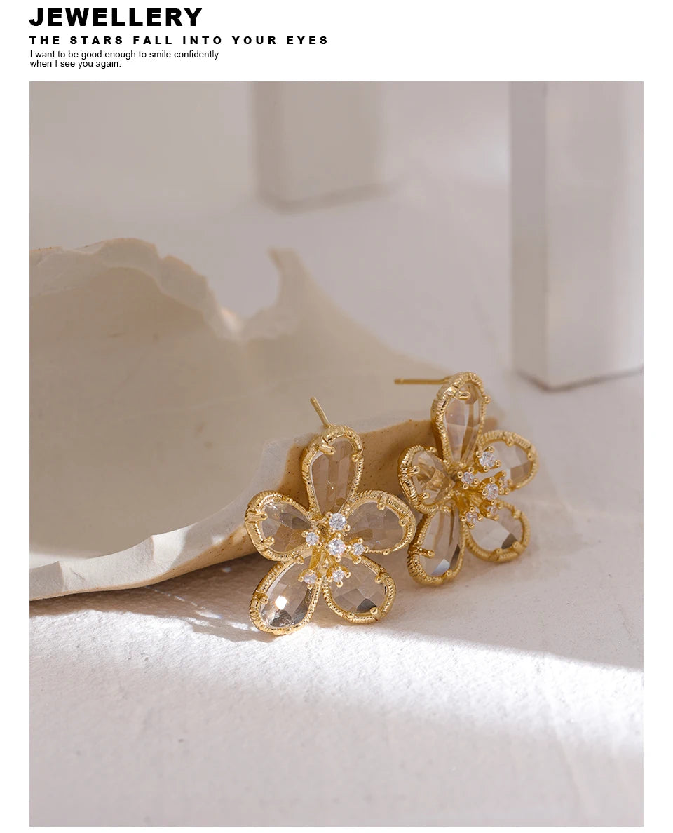 Cubic Zirconia Flower Geometric Earrings — 14K Gold-Plated Copper with Cubic Zirconia · PC21