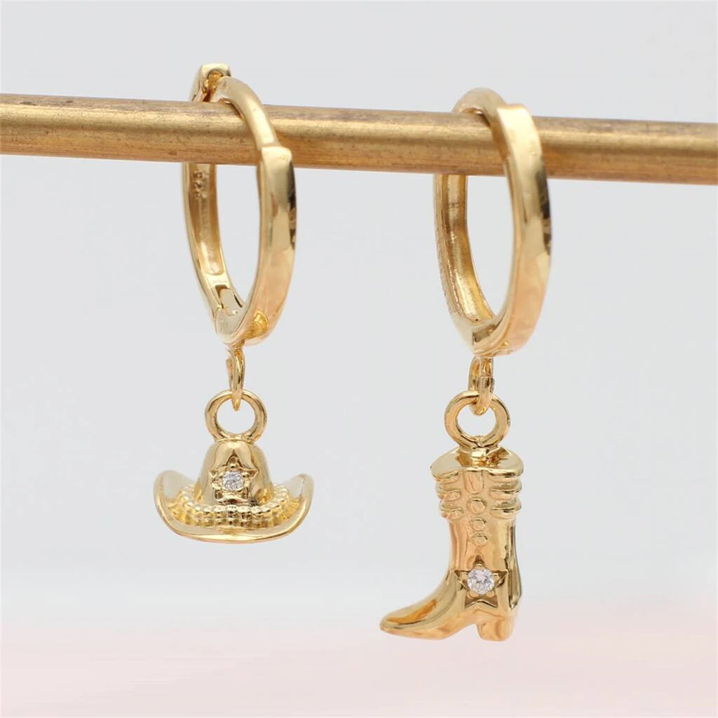 Western Cooper Cowboy Series Earrings, Cowboy Boots, Cowboy Hat Earrings Set, Inlaid with Zircon Color Preserving Jewelry