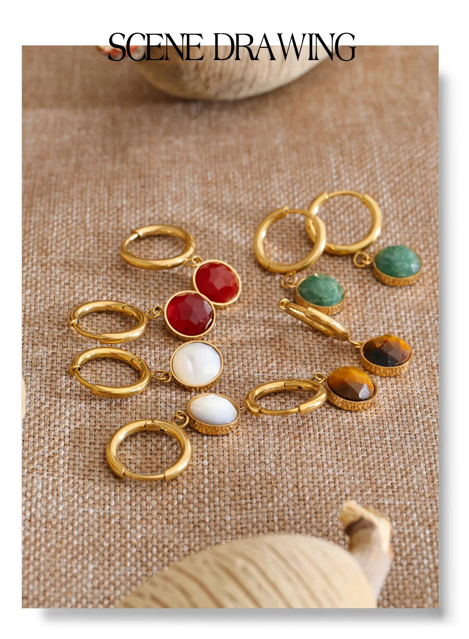 Red natural stone geometric earrings in gold-plated stainless steel with natural stone.