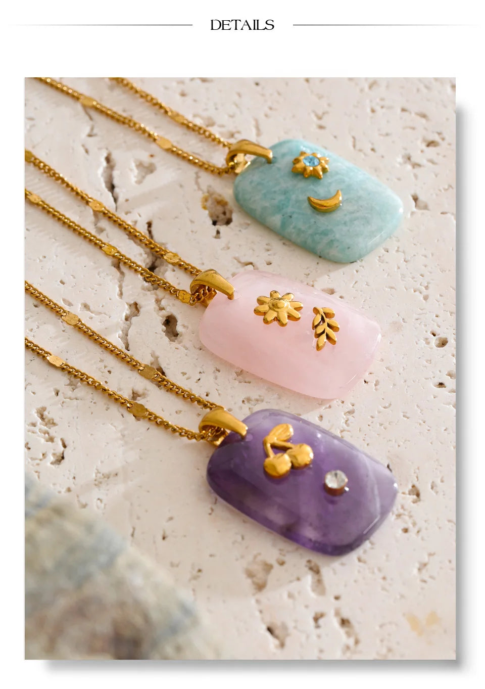 Pink natural stone star necklace in gold-plated stainless steel with natural stone.