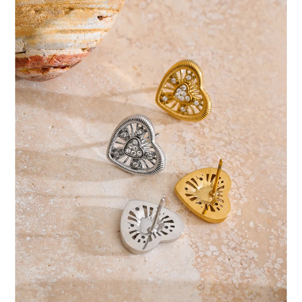 Cubic Zirconia Heart Earrings — Gold-Plated Stainless Steel with Cubic Zirconia · PS929
