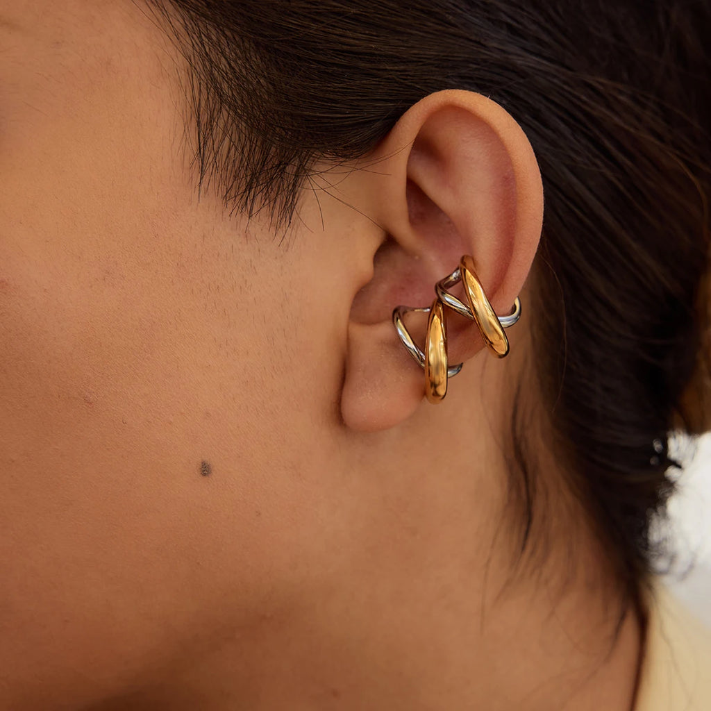 Two-Tone Cross Hoop Earrings — Stainless Steel · PS054