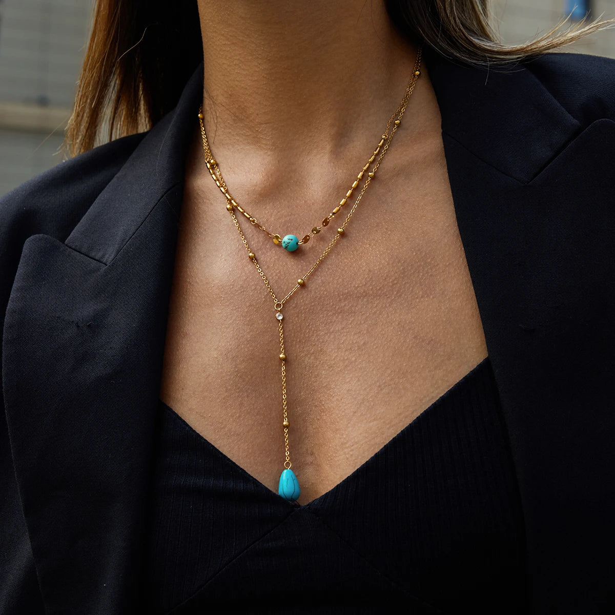Turquoise CZ Layered Necklace — Stainless Steel · PS351
