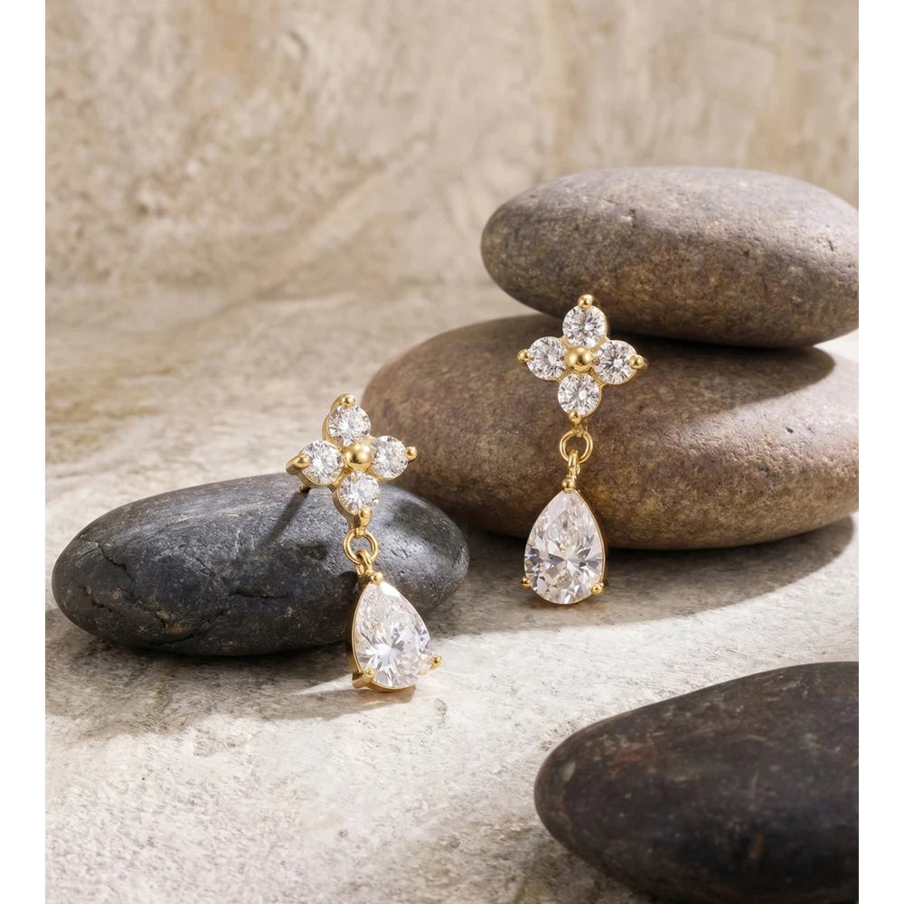 Cubic Zirconia Flower Earrings — Gold-Plated Stainless Steel with Cubic Zirconia · PS1166