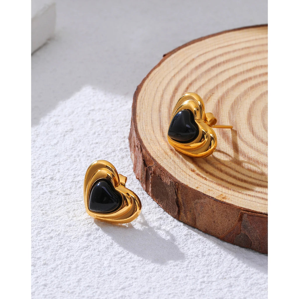 Stud Piercing Earrings Black Stone Heart — 316L Stainless Steel · PS453