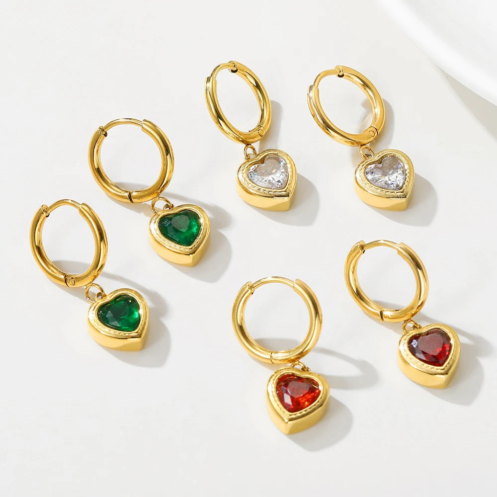 Dangle Earrings Zircon Crystal Heart Charm — 316L Stainless Steel · PS482