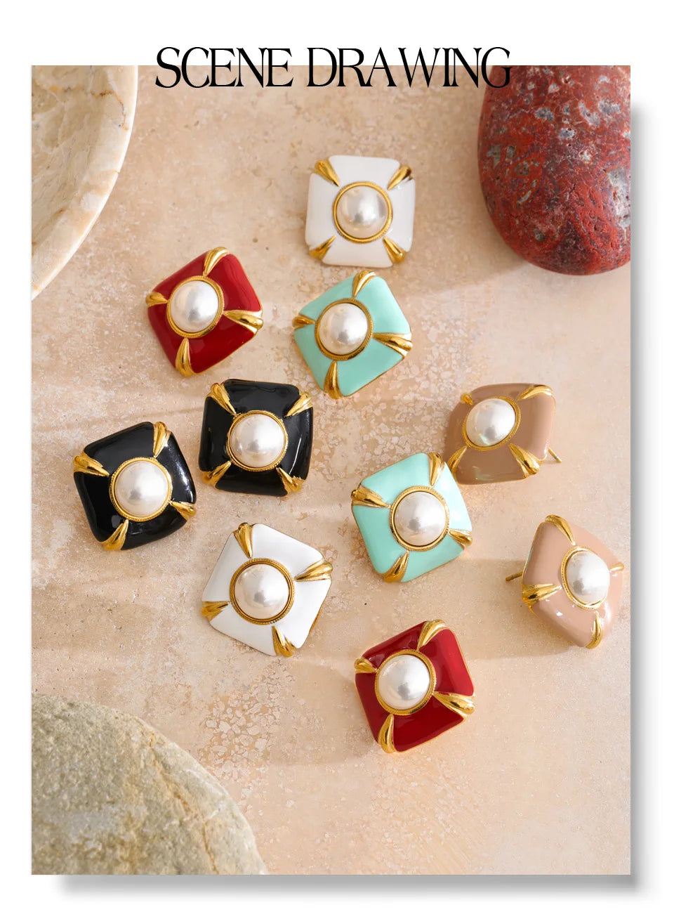 Pearl enamel multi-color earrings in gold-plated stainless steel with pearl and enamel.