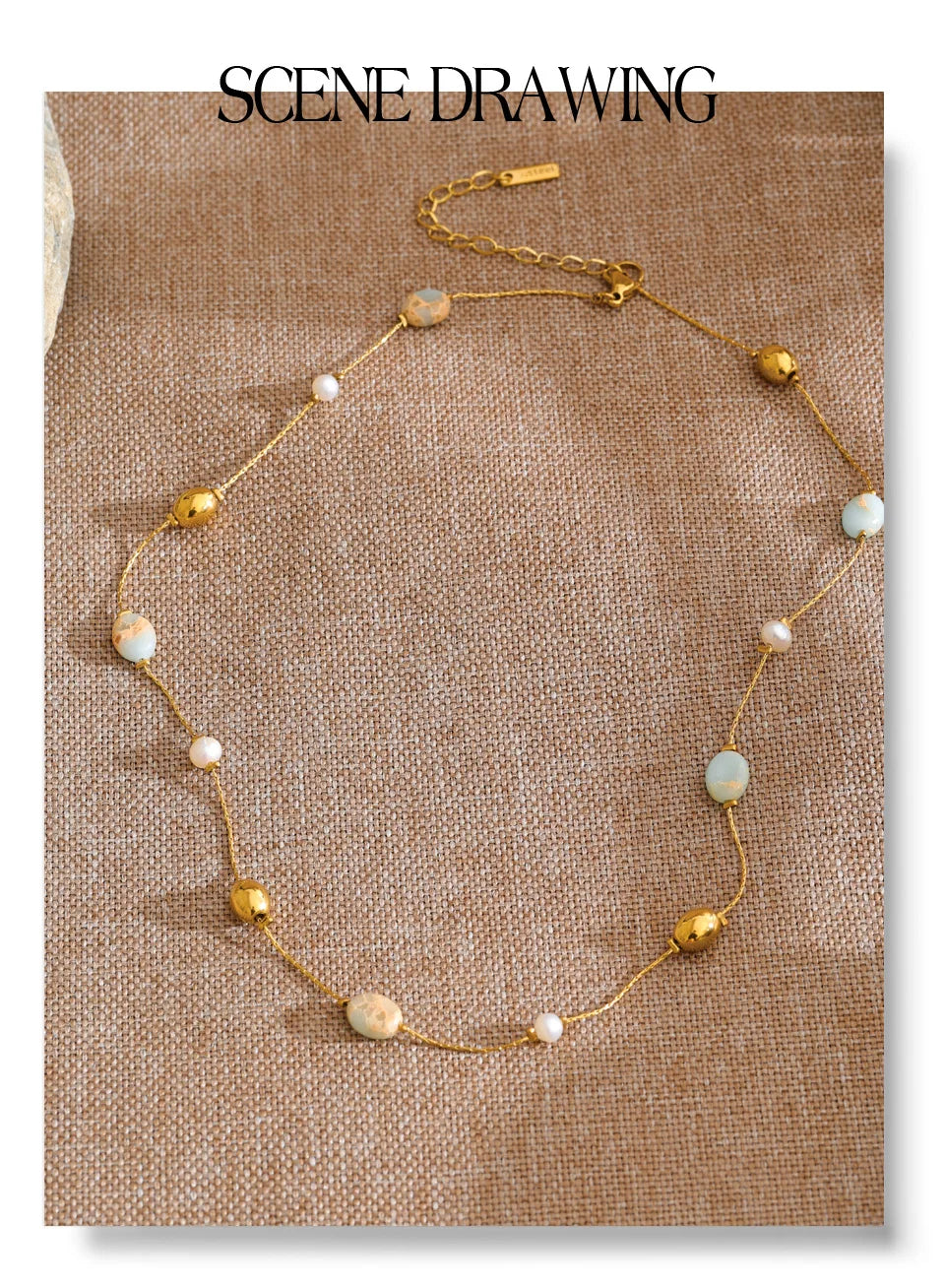 Pearl natural stone beaded necklace in gold-plated stainless steel with pearl and natural stone.