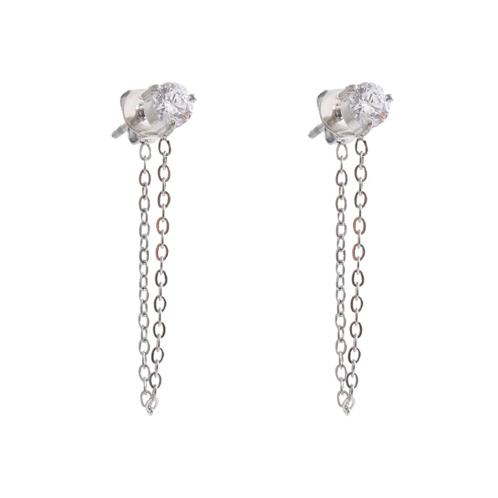 Cubic Zirconia Geometric Chain Earrings — Gold-Plated Stainless Steel with Cubic Zirconia · PS1323