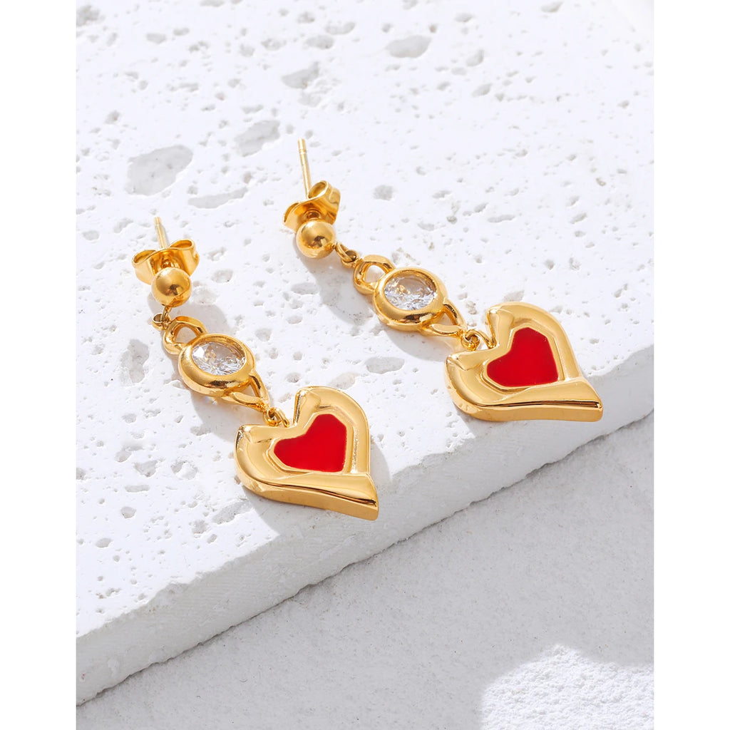 Drop Piercing Earrings Zircon Crystal Red Enamel — 316L Stainless Steel · PS425