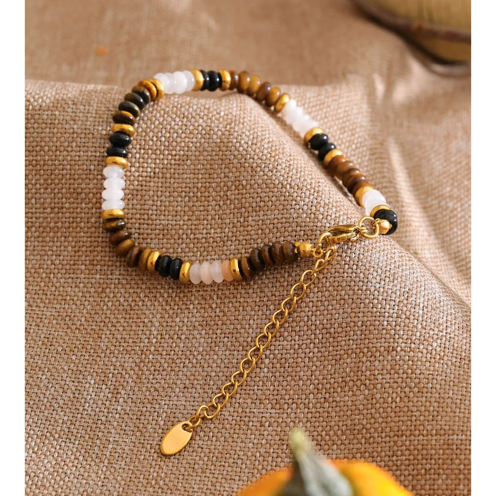 Natural Stone Beaded Geometric Bracelet — Gold-Plated Stainless Steel with Natural Stone · PS1094