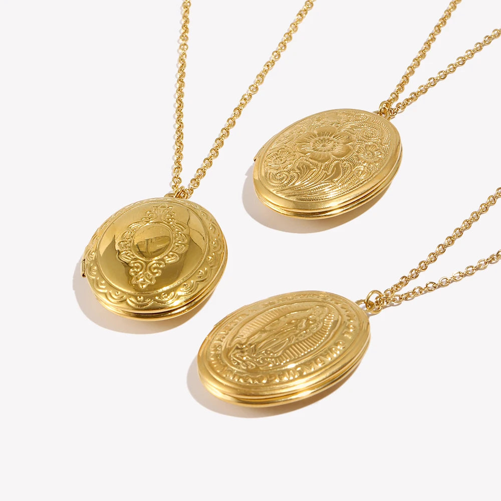 E.B.belle Oval Shape Flower Mirror Photo Box Pendant Necklace 18k Gold Plated Stainless Steel Jewelry Charm For Women Girl Gift