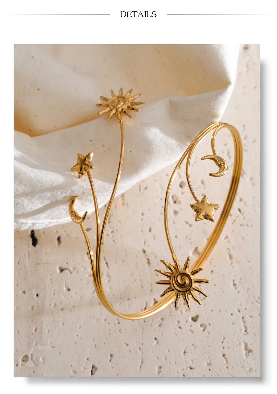 Star moon sun bracelet in gold-plated stainless steel.