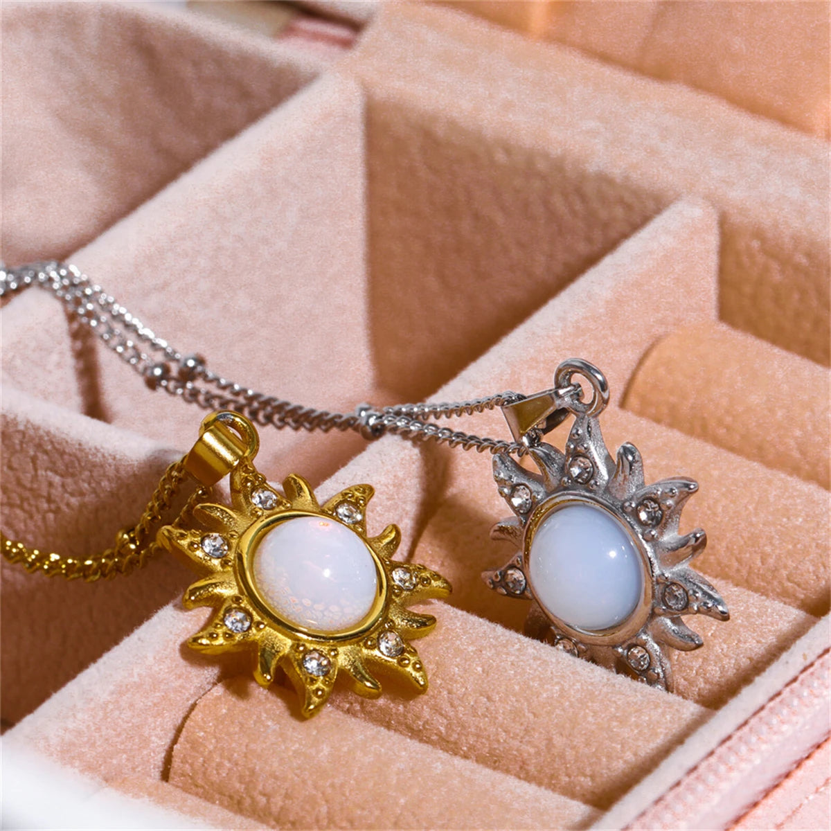 Natural Opal Abstract Sun Pendant Necklace Art Retro Collar Chain Stainless Steel Electroplated True Gold Color Protection