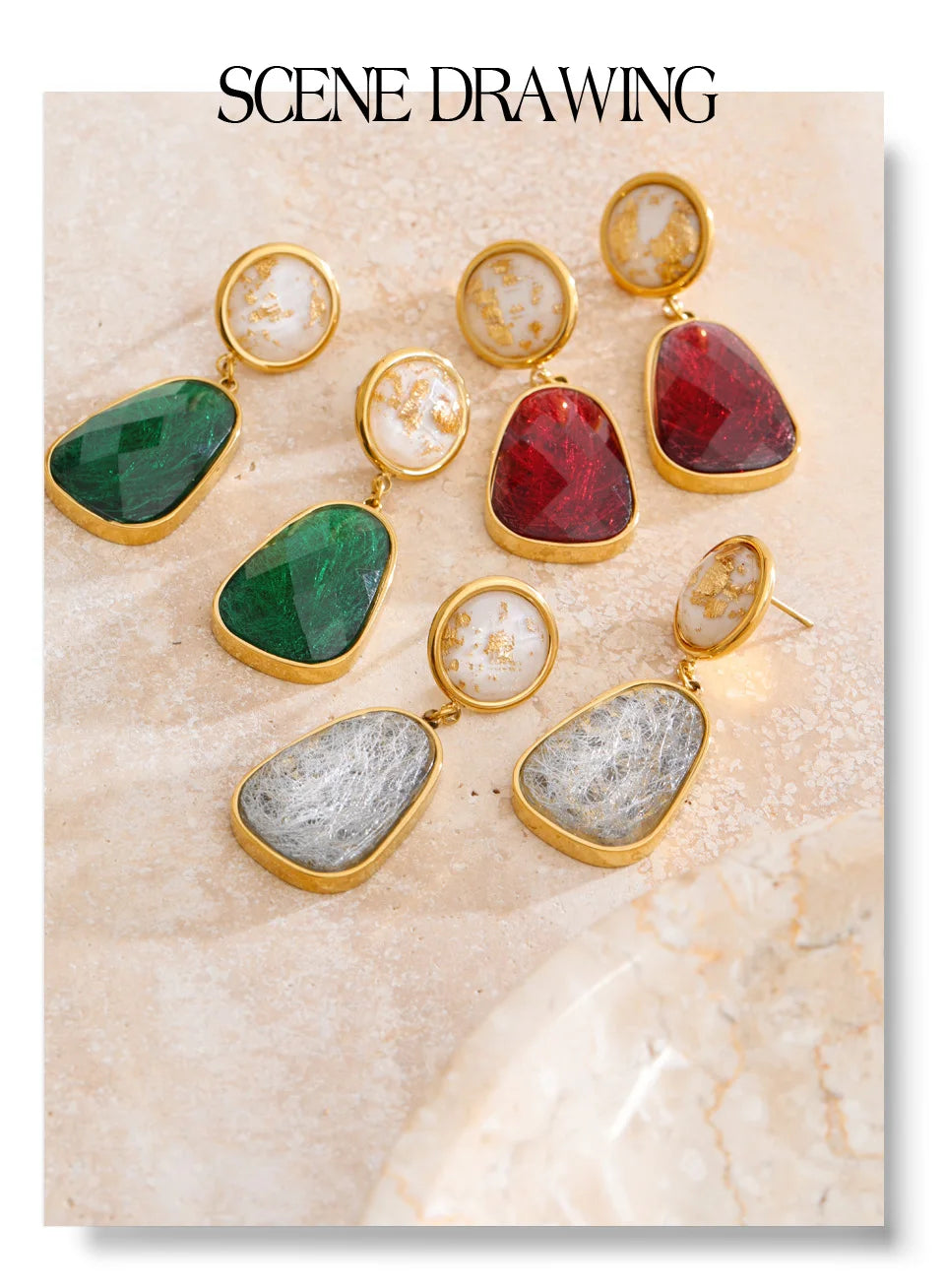 White resin multi-color earrings in gold-plated stainless steel with resin.