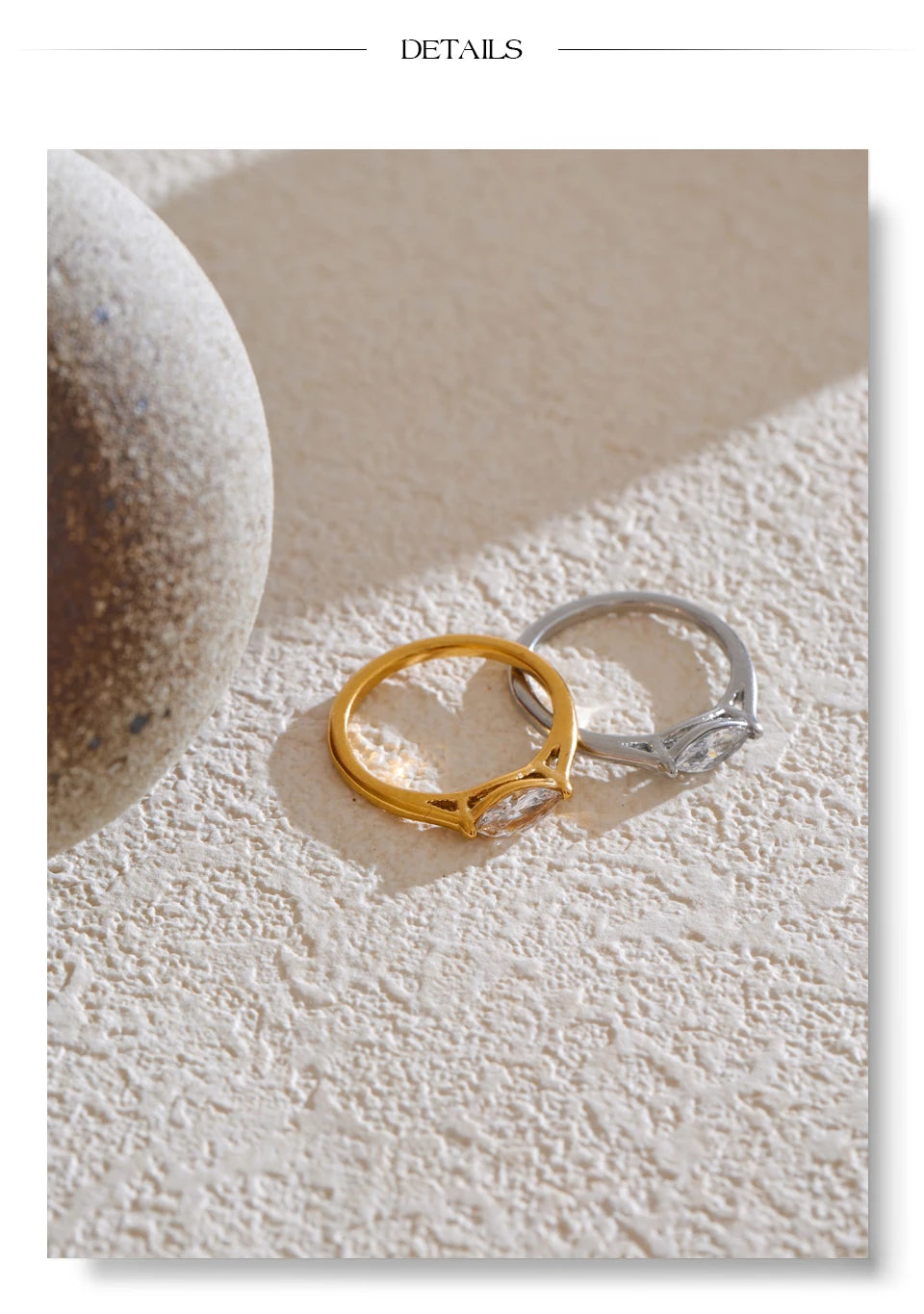 Cubic zirconia geometric ring in 18K gold-plated stainless steel with cubic zirconia.