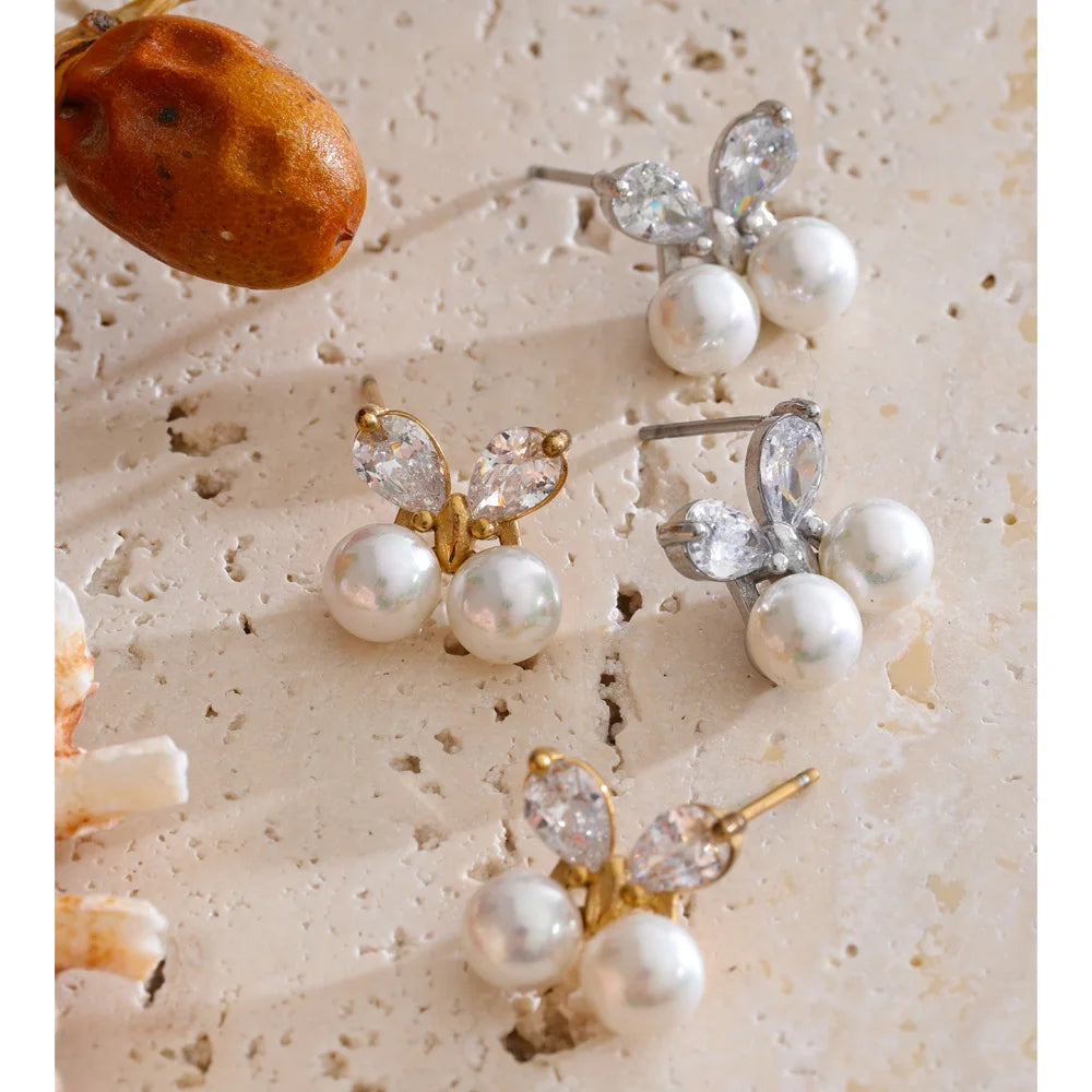 Cubic Zirconia Pearl Butterfly Earrings — Gold-Plated Stainless Steel with Pearl and Cubic Zirconia · PS1342