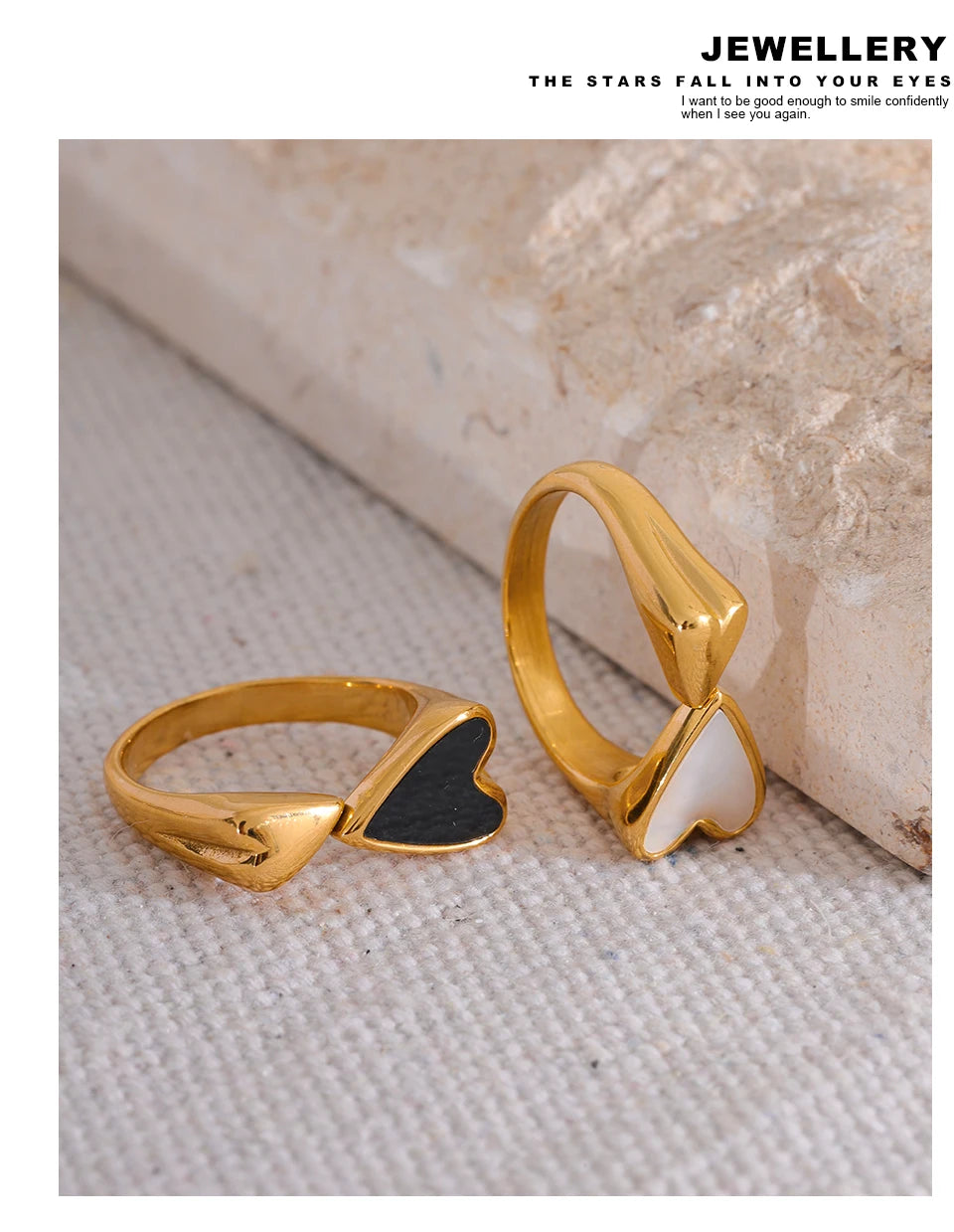 Shell acrylic heart ring in 18K gold-plated stainless steel with shell and acrylic.