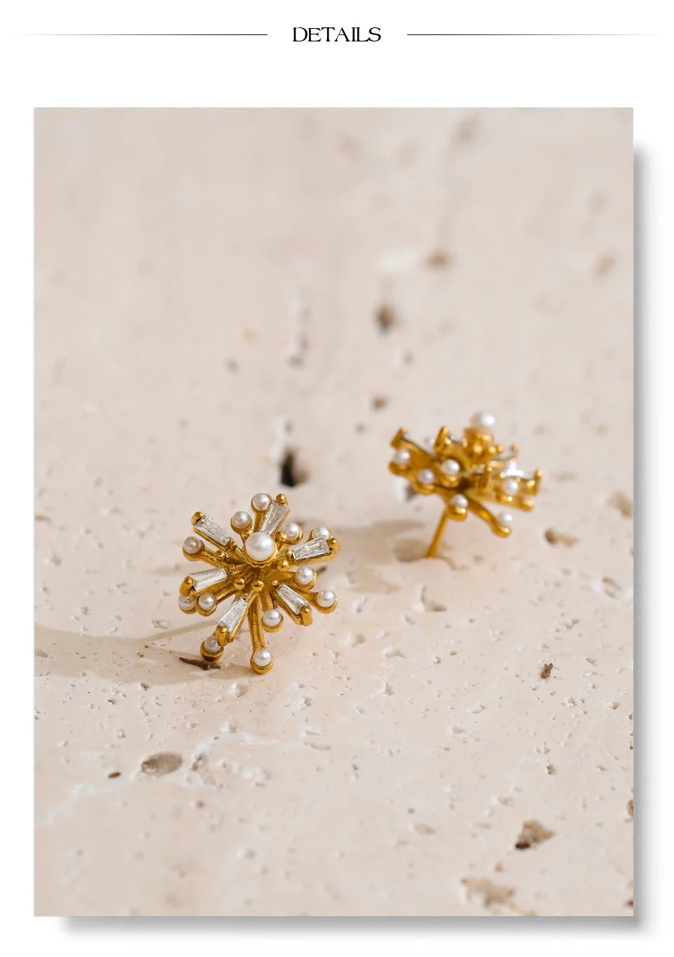 Cubic zirconia pearl flower earrings in gold-plated stainless steel with pearl and cubic zirconia.