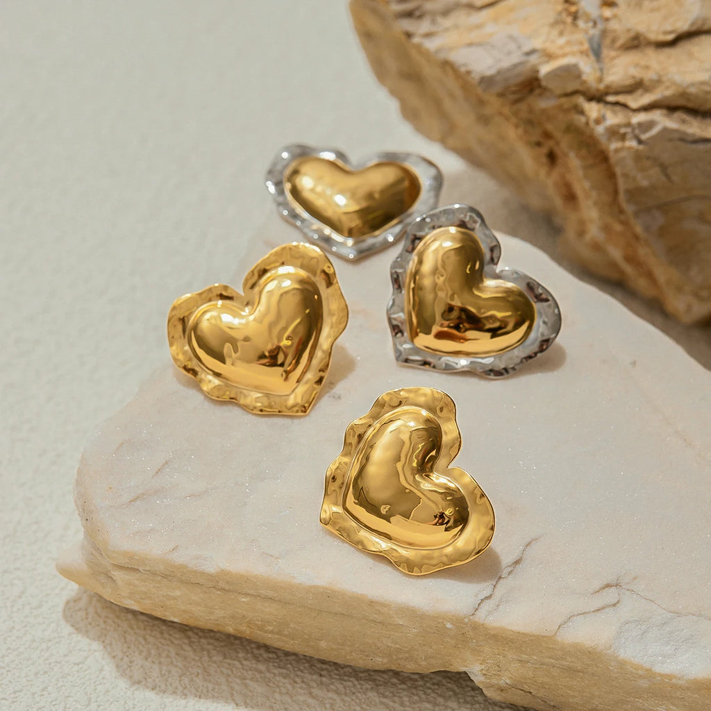 Two-Tone Puffy Heart Earrings — Stainless Steel · PS062