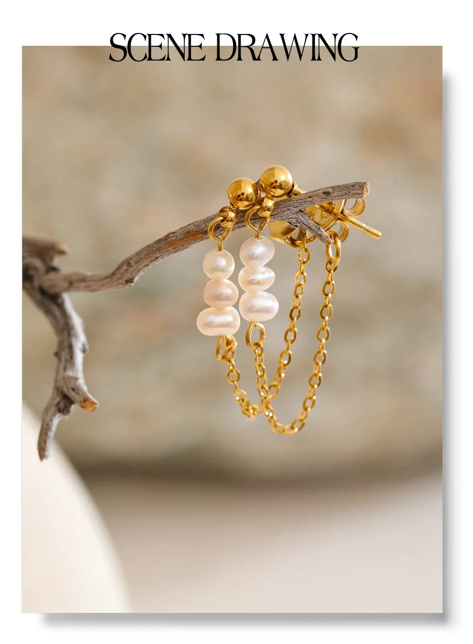 Freshwater pearl geometric chain earrings in gold-plated stainless steel with freshwater pearl.