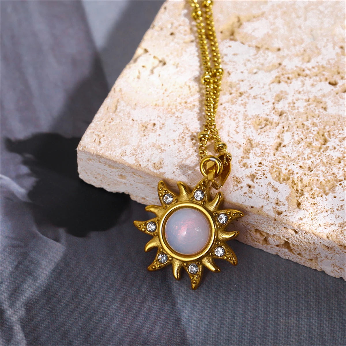 Natural Opal Abstract Sun Pendant Necklace Art Retro Collar Chain Stainless Steel Electroplated True Gold Color Protection