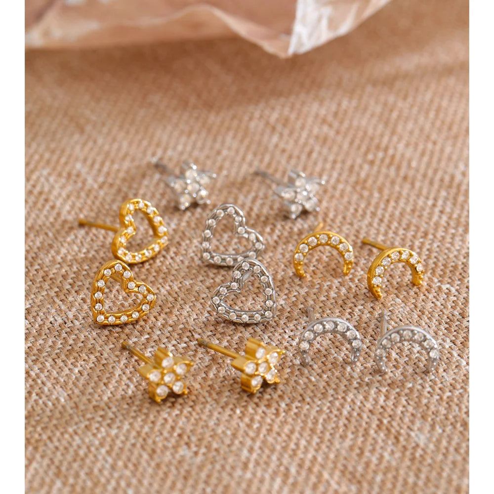 Cubic Zirconia Heart Star Earrings — Gold-Plated Stainless Steel with Cubic Zirconia · PS1112