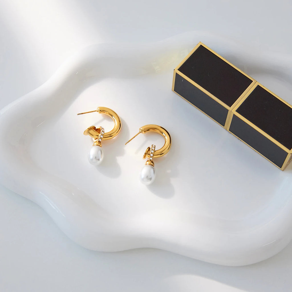 Pearl Hoop Drop Earrings — Stainless Steel · PS082
