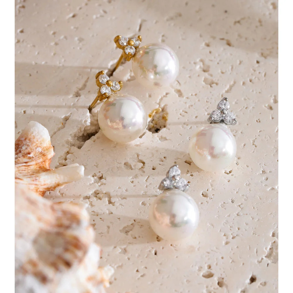 Cubic Zirconia Pearl Geometric Earrings — Gold-Plated Stainless Steel with Pearl and Cubic Zirconia · PS1862