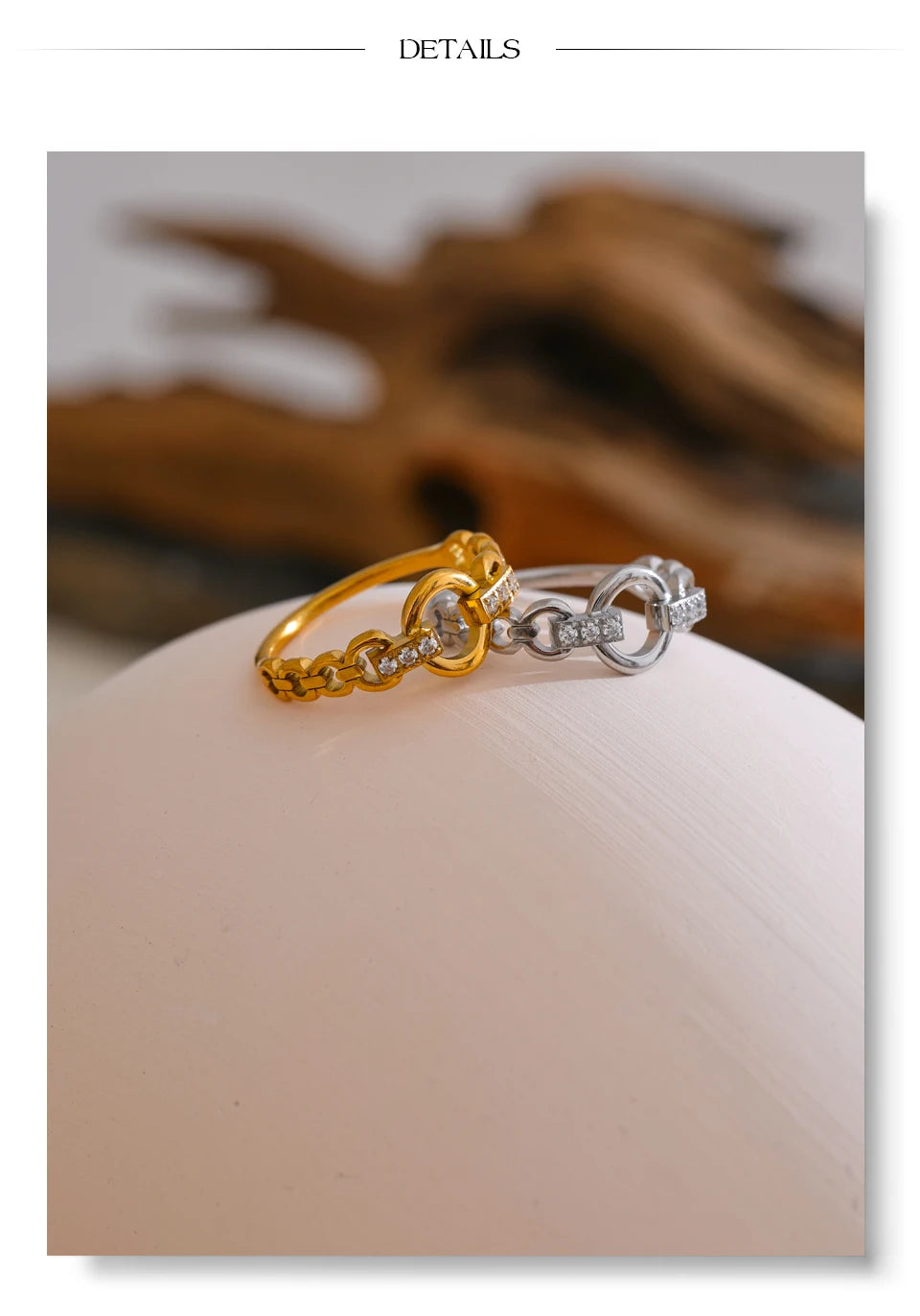 Cubic zirconia geometric ring in gold-plated stainless steel with cubic zirconia.