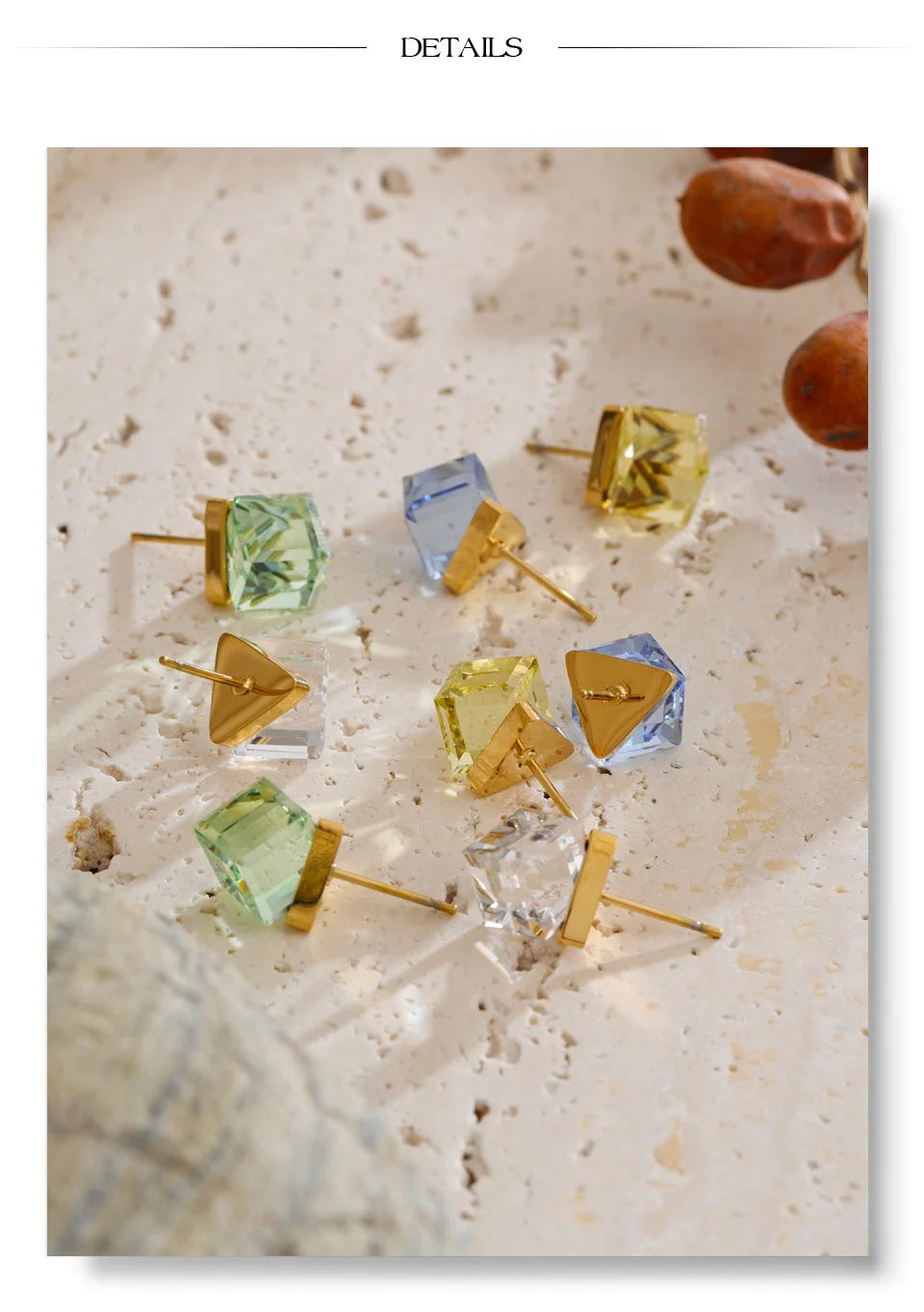 Crystal multi-color geometric earrings in gold-plated stainless steel with crystal.