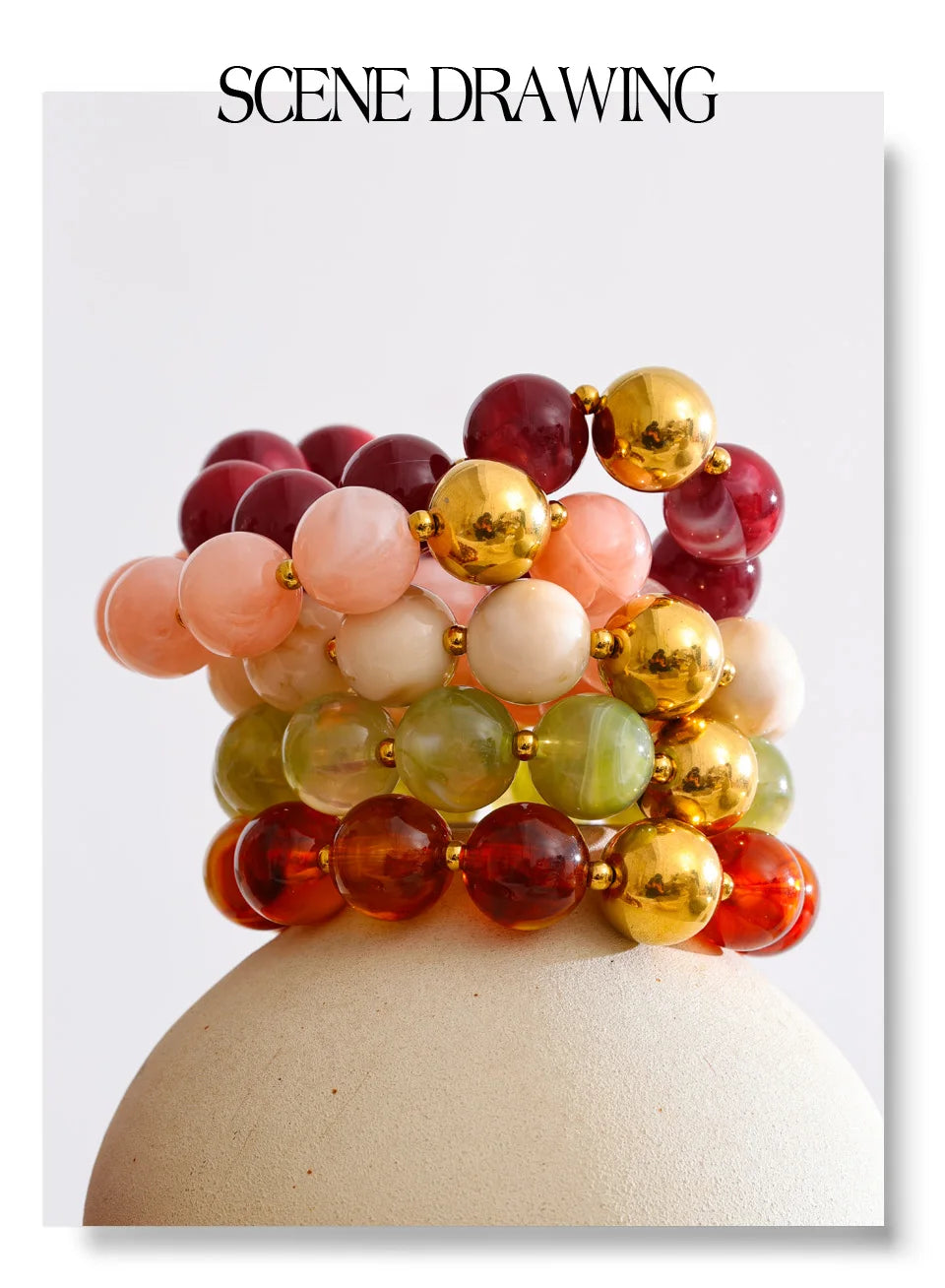 Resin beaded multi-color necklace in gold-plated stainless steel with resin.