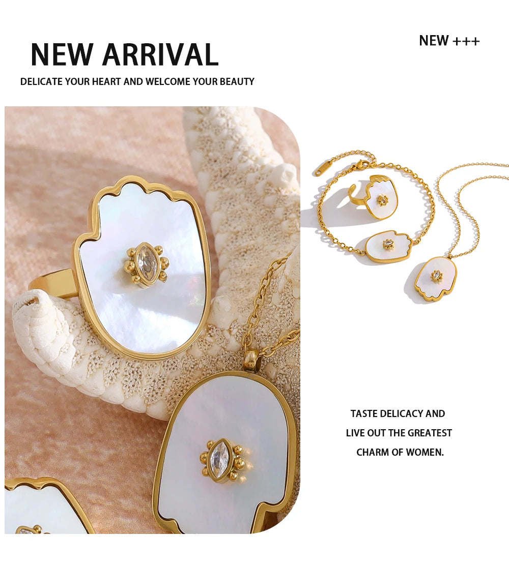 Shell Crystal Charm Necklace Ring — 316L Stainless Steel · PS434