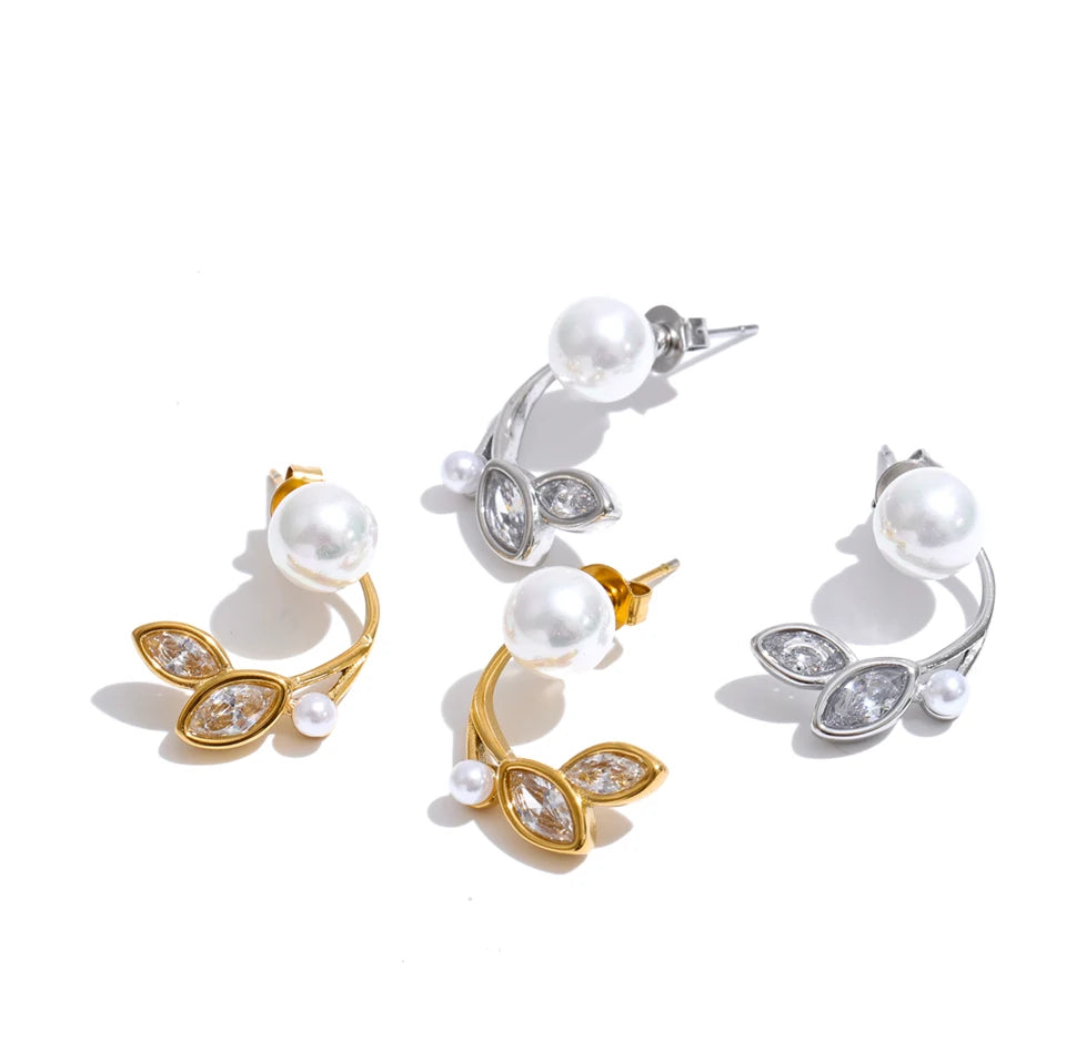 Cubic Zirconia Pearl Geometric Earrings — Gold-Plated Stainless Steel with Pearl and Cubic Zirconia · PS1303