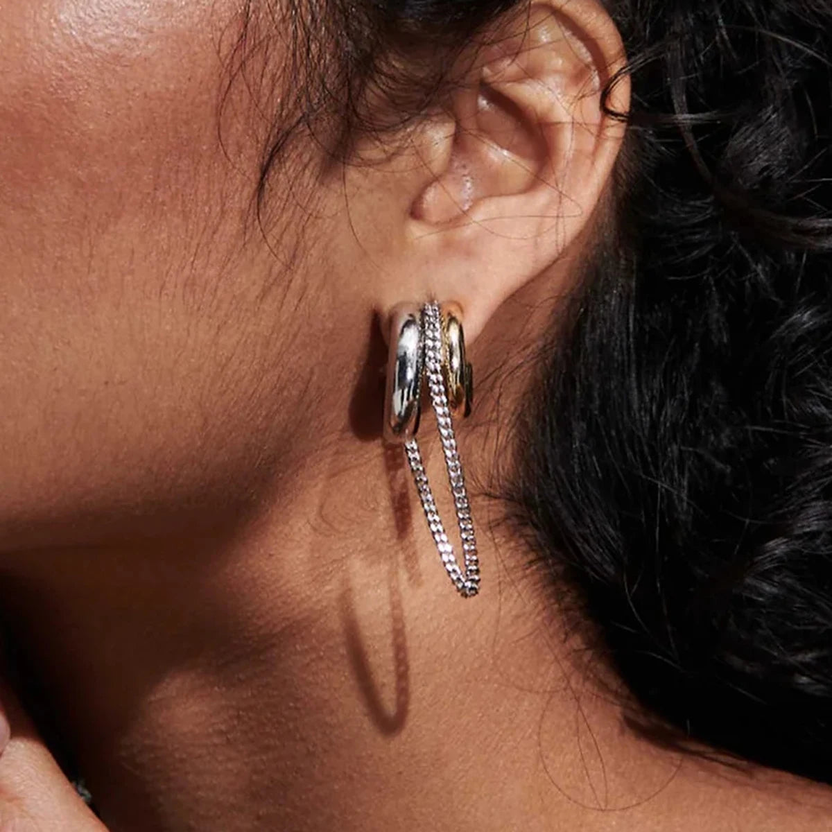 Two-Tone Chain Drop Earrings — Stainless Steel · PS091