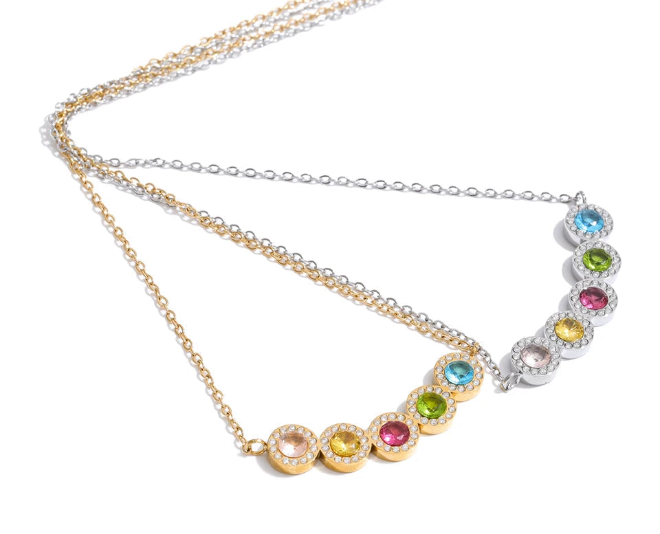 Cubic Zirconia Multi-Color Geometric Necklace — Gold-Plated Stainless Steel with Cubic Zirconia · PS1010